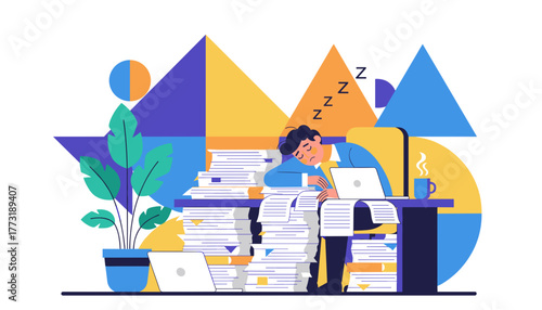 Overworked employee sleeping on a desk buried under huge piles of paper Exhaustion and burnout concept