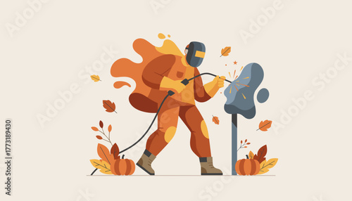 Welder working in protective gear surrounded by autumn leaves and pumpkins Fall industry concept
