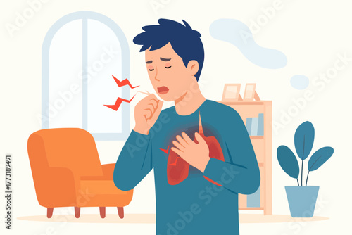 Flat vector of patient coughing and holding chest, showing pneumonia symptoms in home setting