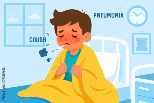 Vector of child showing pneumonia symptoms with thermometer and blanket in pediatric room