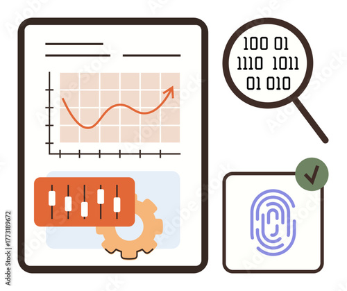 Graph with upward trend, binary code in magnifier, fingerprint with checkmark, settings control gear. Ideal for data analysis, security, technology, analytics, progress digital identity automation
