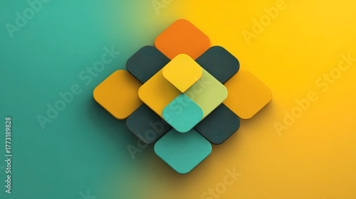 Abstract teamwork concept with interlocking geometric shapes on gradient.
