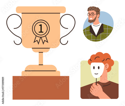 Golden trophy with first place ribbon, man smiling confidently, person holding mask. Ideal for achievement, recognition, competition, leadership, self-identity motivation success. Simple flat