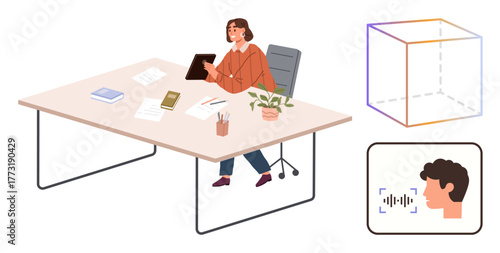 Woman using a tablet at a tidy office desk with books, papers, plant, and 3D model. Profile with voice recognition symbolizes technology integration. Ideal for innovation, productivity, AI, office