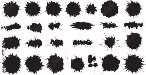 A diverse collection of black ink splatters, abstract paint blots, and grunge spray stains for creative design elements