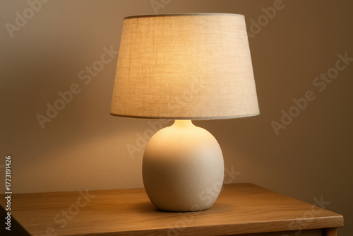 Modern ceramic table lamp with beige fabric shade glowing warmly on wooden nightstand in cozy indoor setting