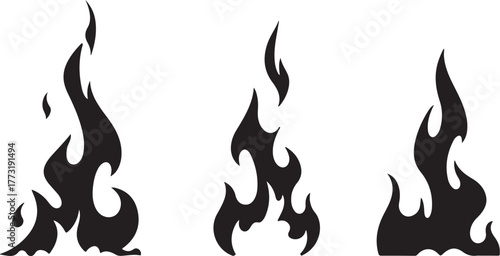 Illustration of three black stylized flames, representing fire and heat, with abstract shapes and dynamic curves
