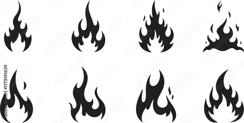 Fototapeta premium Collection of diverse stylized black flame silhouettes, representing heat, passion, and energy, ideal for graphic design projects, logos, and decorative elements