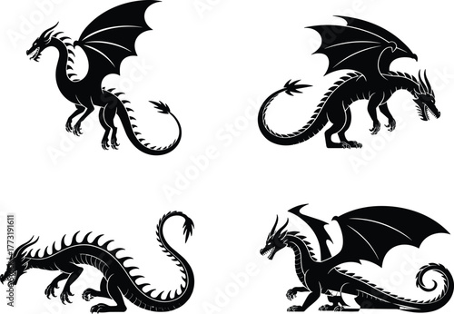 Dragon silhouettes in different poses, mythical creature illustration, fantasy design, powerful wings, horns, spiked tails, legendary beast artwork, 