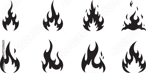 Collection of diverse stylized black flame silhouettes, representing heat, passion, and energy, ideal for graphic design projects, logos, and decorative elements