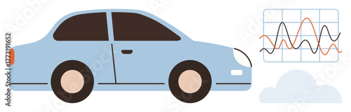 Blue car beside graph with fluctuating lines and cloud, symbolizing smart tech, transportation data. Ideal for automotive analysis, tech innovation, IoT, cloud computing, data visualization