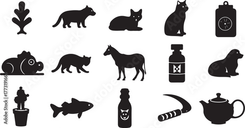 Black animal silhouettes including a bear, cat, fish, horse, monkey, and other animals. Ideal for icon design
