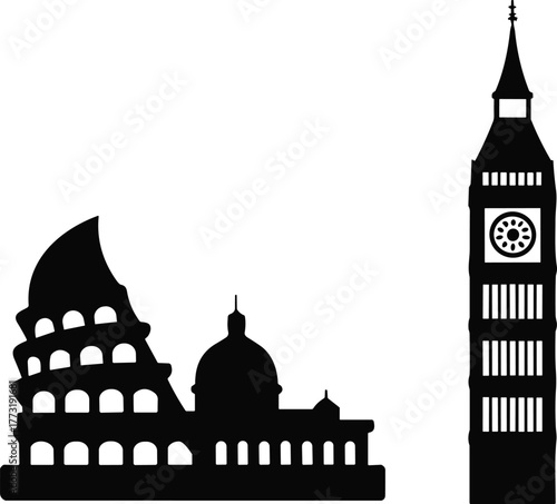 European landmark silhouettes, Colosseum Rome, St. Peter’s Basilica, Big Ben London, famous architecture, cultural heritage, historic monument, travel icon, cityscape illustration, tourism 