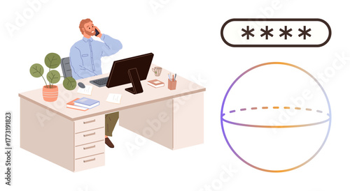 Man talking on the phone at office desk with computer, books, and plant. Password security pad and stylized data ball visible. Ideal for security, business, privacy, workplace, technology data