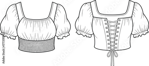 Fashion illustration cropped tops with puffed sleeves, square neckline, smocked waist, lace up detail, trendy garment design, stylish women clothing