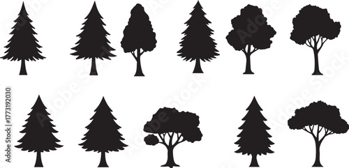 Collection of black tree silhouettes, featuring various conifer and deciduous shapes for graphic design elements
