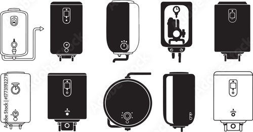 Water Heater Silhouettes Vector Icons for Plumbing & Home Appliance Design