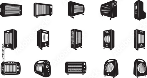 Collection of Various Electric Space Heaters A Comprehensive Set of Heating Appliances in Different Styles for Home or Office