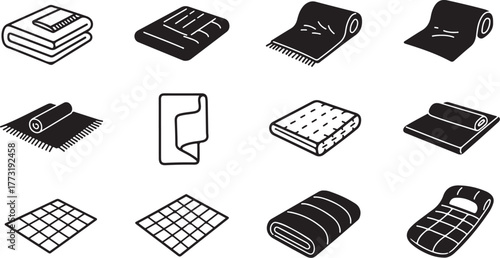 Various types of blankets and bedding items shown in isometric outline icons including folded, rolled, and stacked designs for home decor and comfort