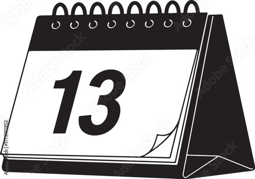 Vector illustration of a desk calendar with number thirteen, symbolizing an important date, deadline, event, or culturally significant day for time management and planning