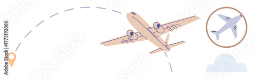 Passenger airplane mid-flight with dashed travel route, location pin, sky cloud, and aviation circle inset. Ideal for travel, logistics, aviation, tourism exploration navigation planning. Simple