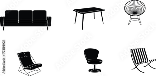 Modern furniture silhouettes, sofa design, rocking chair, swivel chair, wooden chair, round table, interior decor, stylish seating, home illustration, contemporary design
