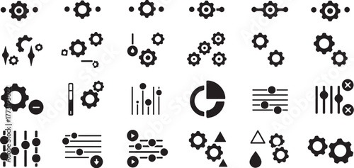 Collection of black and white gear icons, graphic illustrations depicting various mechanical and technological concepts and settings