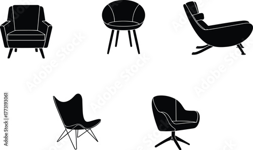 Modern chair silhouettes, ergonomic furniture, contemporary seating, swivel chair, butterfly chair, armchair design, interior decor, stylish furniture, office chair, home illustration