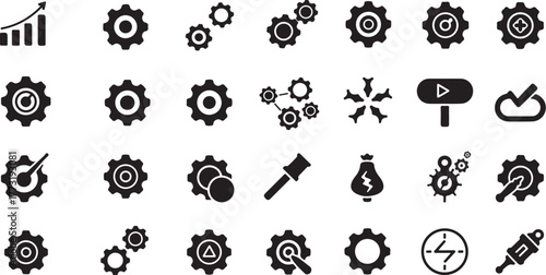A versatile collection of solid black glyph icons representing business processes, technology settings, and creative ideas for web and mobile interfaces