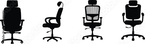 Office chair silhouettes, ergonomic design, swivel chair, mesh backrest, modern furniture, workplace seating, adjustable chair, interior decor, business furniture, illustration icon
