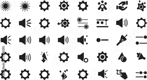 Collection of black and white settings and sound icons including gears, speakers, and adjustments for interface design and technical concepts