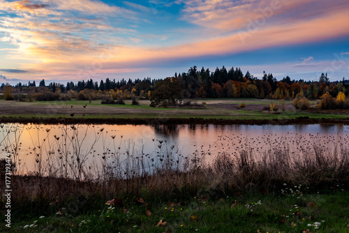 River landscape with vivid colors of sunset. Tualatin River in Oregon