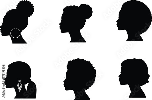 Silhouette profiles of diverse hairstyles with earrings, afro, bun, short haircuts, cultural fashion, beauty illustration, diversity, style, personal expression