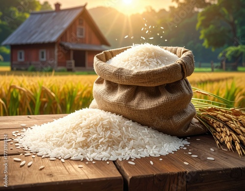 a pile of rice spilled from a sack on a wooden table.