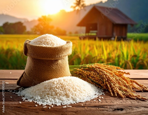 a pile of rice spilled from a sack on a wooden table.