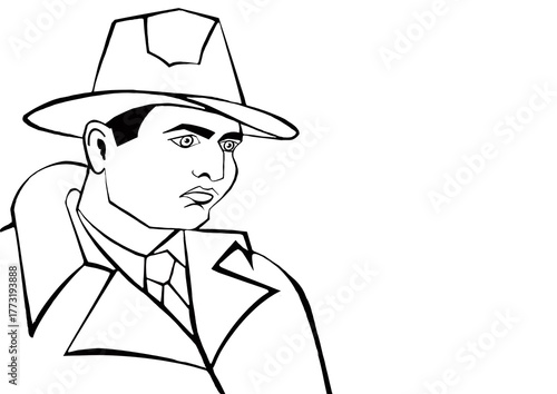 illustration of a detective on a white background, black and whiteИллюстрация без названия