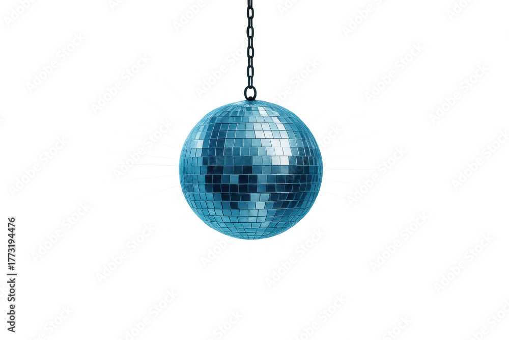 Fototapeta premium Blue disco ball hanging from chain reflecting light, ready for fun party, dance, club, and celebration events