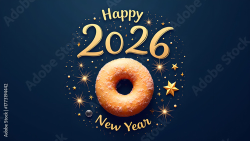 Celebrate happy new year 2026 with a delicious donut surrounded by glittering golden stars festive