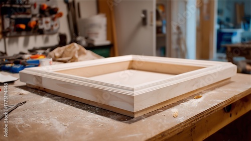 Wooden picture frame on workbench