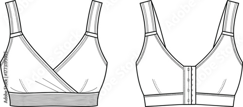 Women’s bralette flat sketch, wrap front lingerie top, wide strap design, hook and eye closure, technical garment drawing illustration