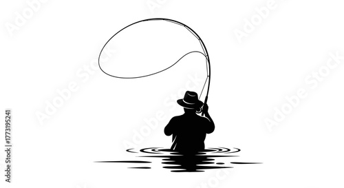 Fly Fisherman Casting Silhouette Vector | Minimalist Angler Logo Graphic