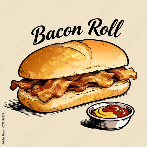 A detailed vector illustration of a classic bacon sandwich in a bread roll, a popular breakfast food served with ketchup and mustard
