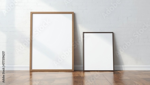 image of two blank vertical frames leaning against a white wall on a tiled floor 