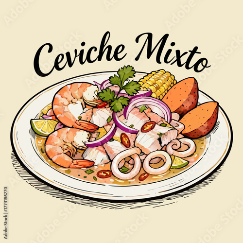 A vibrant and detailed illustration of a traditional Peruvian mixed seafood ceviche platter, served with corn, sweet potato, and fresh lime