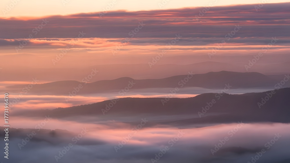 Obraz premium Sunset Glow Over Foggy Ridges Moody Layered Hillscape with Soft Light