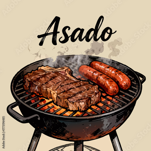 Asado, vector illustration of a steak and chorizo sausages cooking on a charcoal barbecue grill with glowing embers