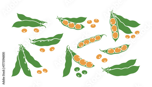 Soybean silhouettes illustrated in vector style, all displayed on a white background.