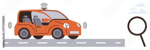 Orange autonomous car emitting wireless detection signals while driving. Magnifying lens represents analysis, innovation, smart tech, automation, AI, mobility solutions, and a simple flat metaphor