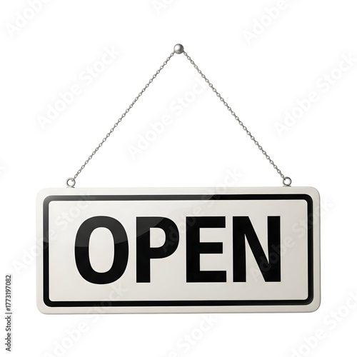 A simple, yet impactful OPEN sign, a clear message for anyone seeking services or goods. Sign is hanging by chain, isolated on transparent background