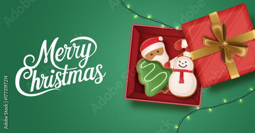 Green background with Christmas presents, cookies, and snowman figure creating a cozy and warm holiday gift exchange atmosphere. Christmas Poster Design Vector Illustration 